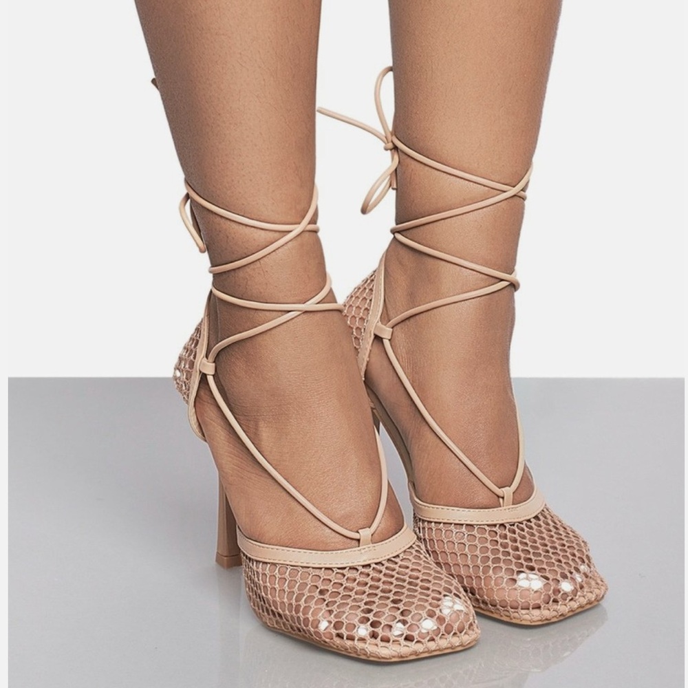 Tan Mesh Lace-Up square toe nude Heels